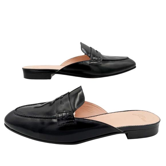 J Crew Academy Penny Loafers Black Leather Flat Mule Slides Size 10 - Picture 11 of 13